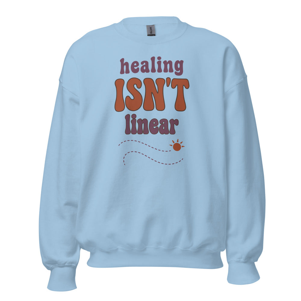Healing Isn't Linear soft retro mental health crewneck sweatshirt — Light Blue, front