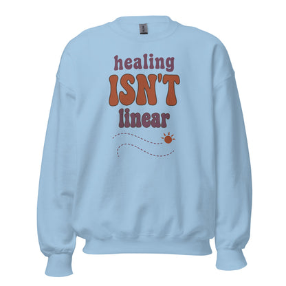 Healing Isn't Linear soft retro mental health crewneck sweatshirt — Light Blue, front