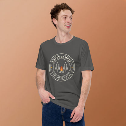 Happy Camper retro camp badge tee — Asphalt, on model