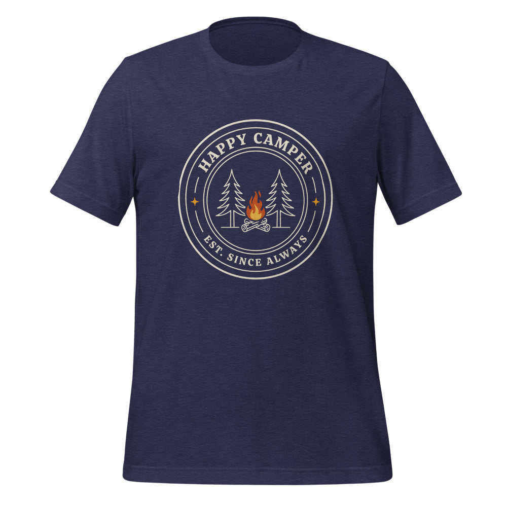 Happy Camper retro camp badge tee — Heather Midnight Navy, front