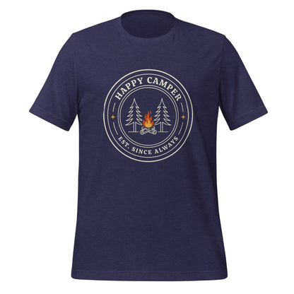 Happy Camper retro camp badge tee — Heather Midnight Navy, front