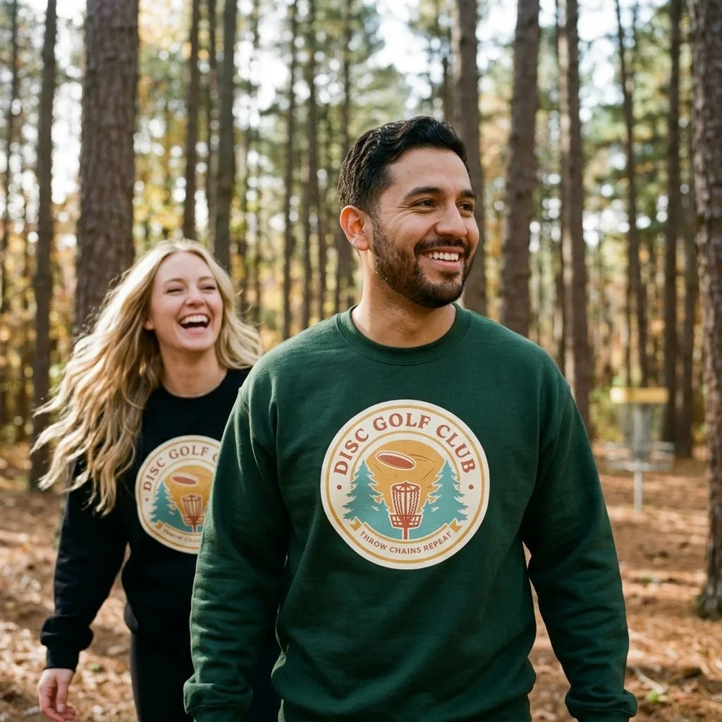 Disc Golf Club retro badge crewneck sweatshirt — lifestyle
