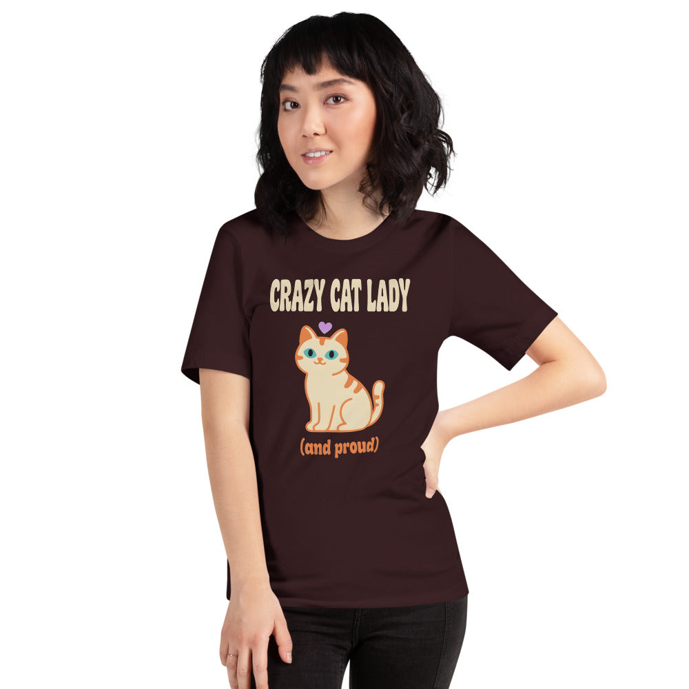 Crazy Cat Lady and Proud retro Y2K tee — Oxblood Black, on model