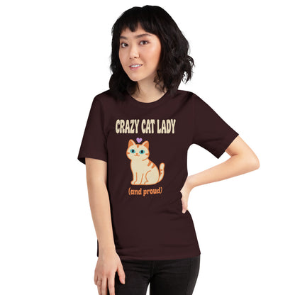 Crazy Cat Lady and Proud retro Y2K tee — Oxblood Black, on model