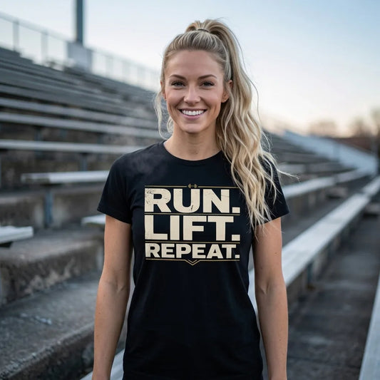 Run Lift Repeat vintage athletic tee — lifestyle