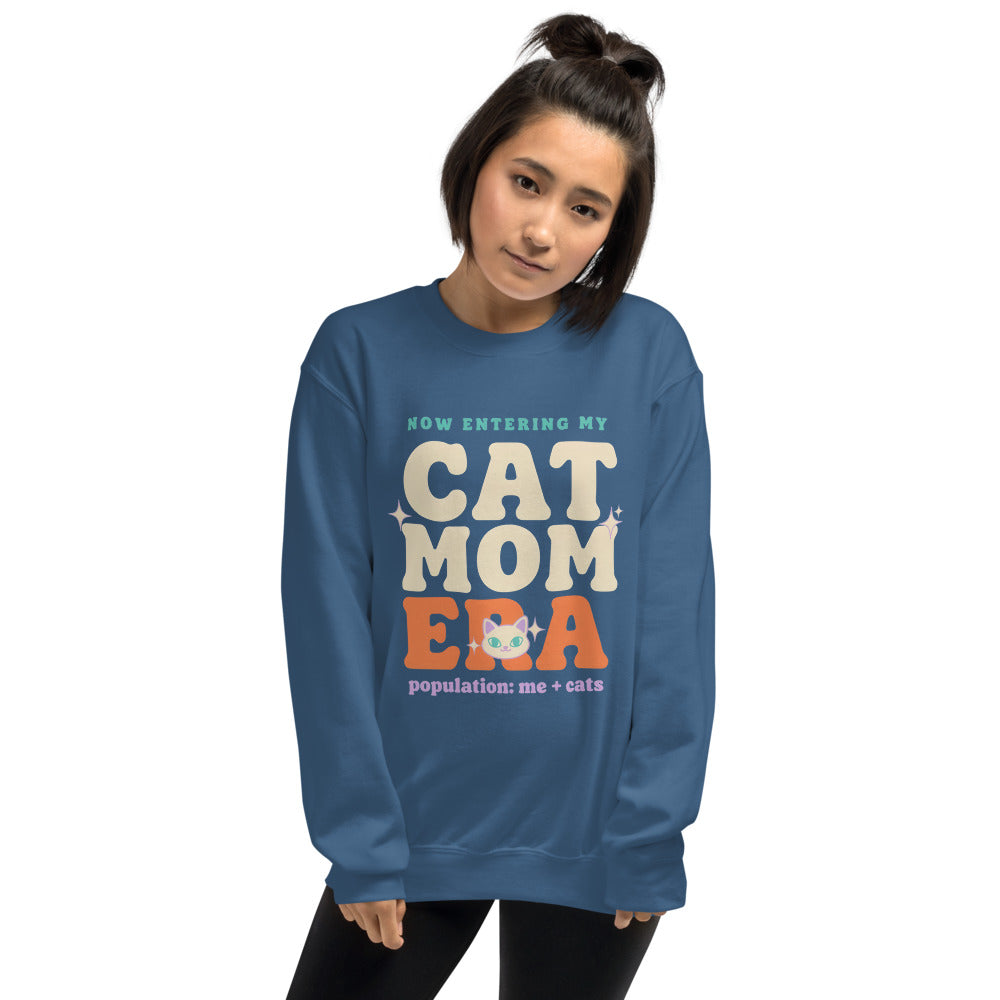 Model wearing the Cat Mom Era crewneck sweatshirt — Indigo Blue