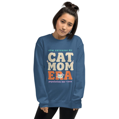 Model wearing the Cat Mom Era crewneck sweatshirt — Indigo Blue