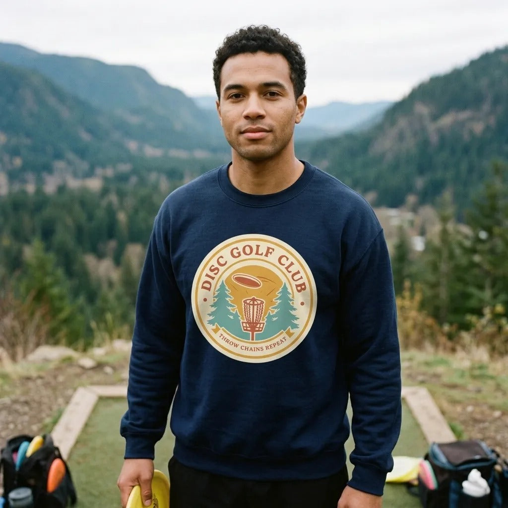 Disc Golf Club retro badge crewneck sweatshirt — lifestyle