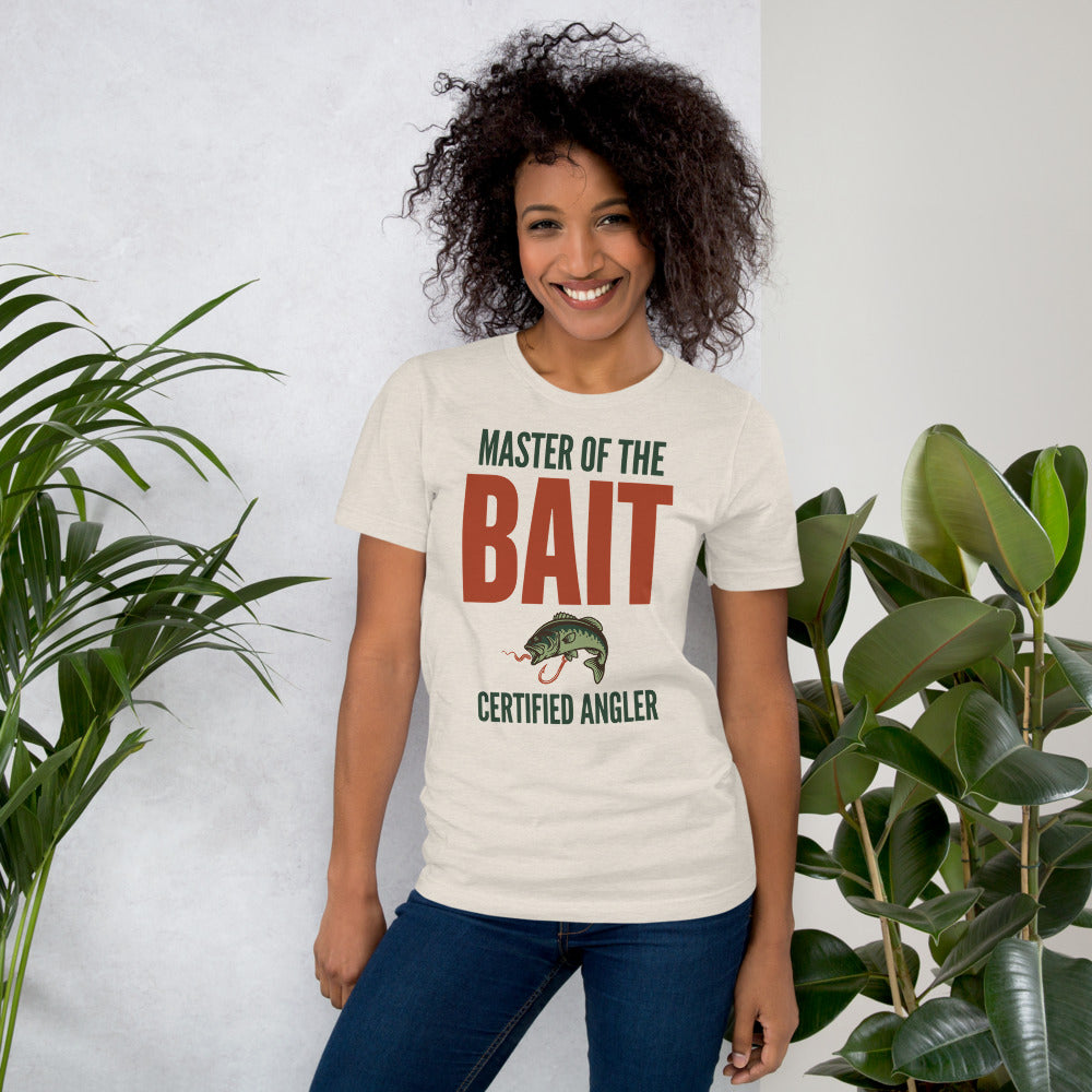 Master of the Bait retro fishing humor typography tee — Heather Dust, on model