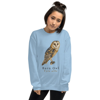 Barn Owl vintage field-guide crewneck sweatshirt — Light Blue, on model