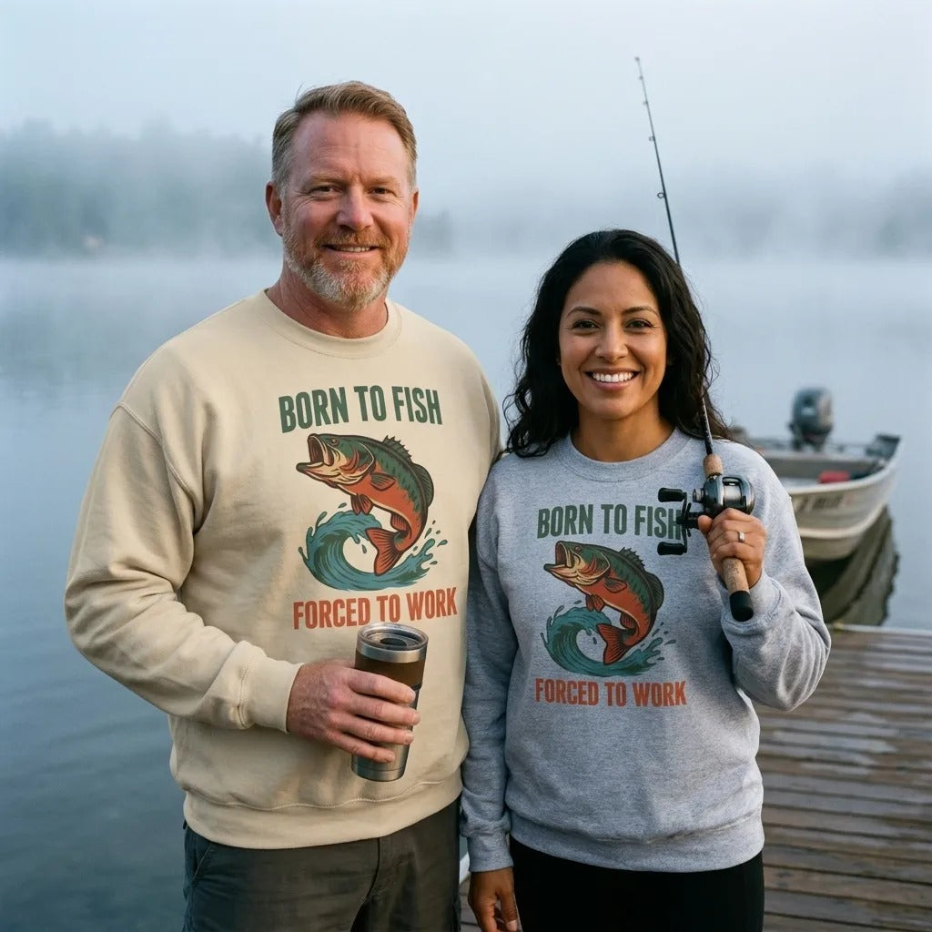 Born to Fish Forced to Work retro fishing humor crewneck sweatshirt — lifestyle
