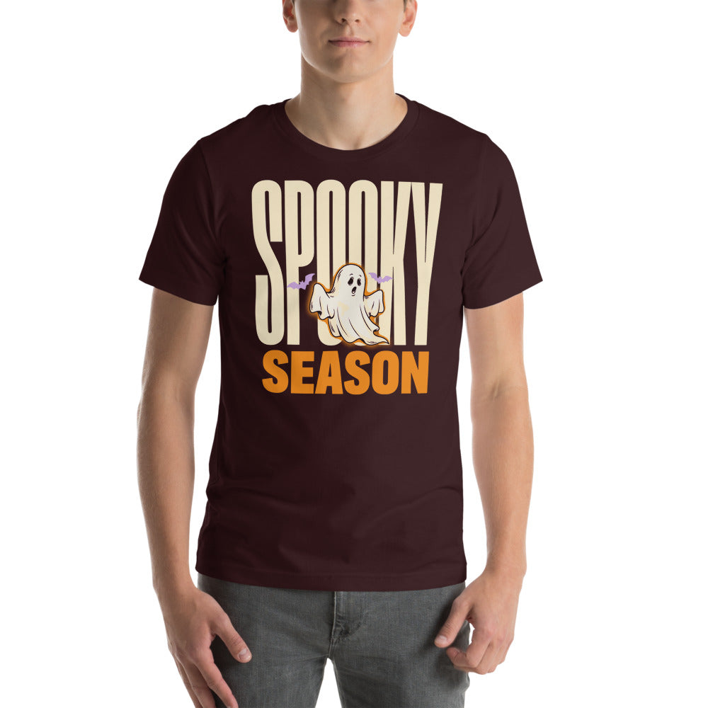 Spooky Season retro Halloween ghost typography tee — Oxblood Black, on model