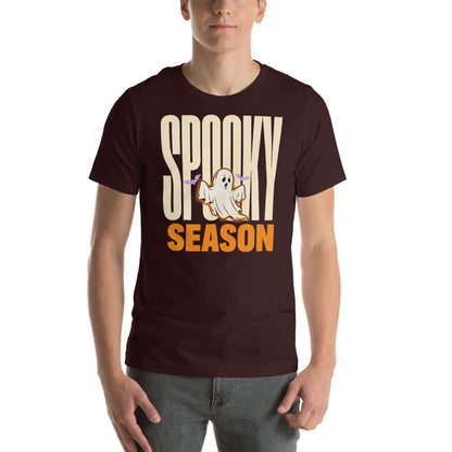 Spooky Season retro Halloween ghost typography tee — Oxblood Black, on model
