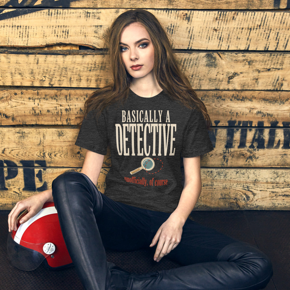 Basically a Detective vintage true crime tee — Dark Grey Heather, on model