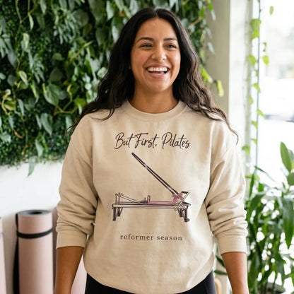 But First Pilates reformer line-art crewneck sweatshirt — lifestyle