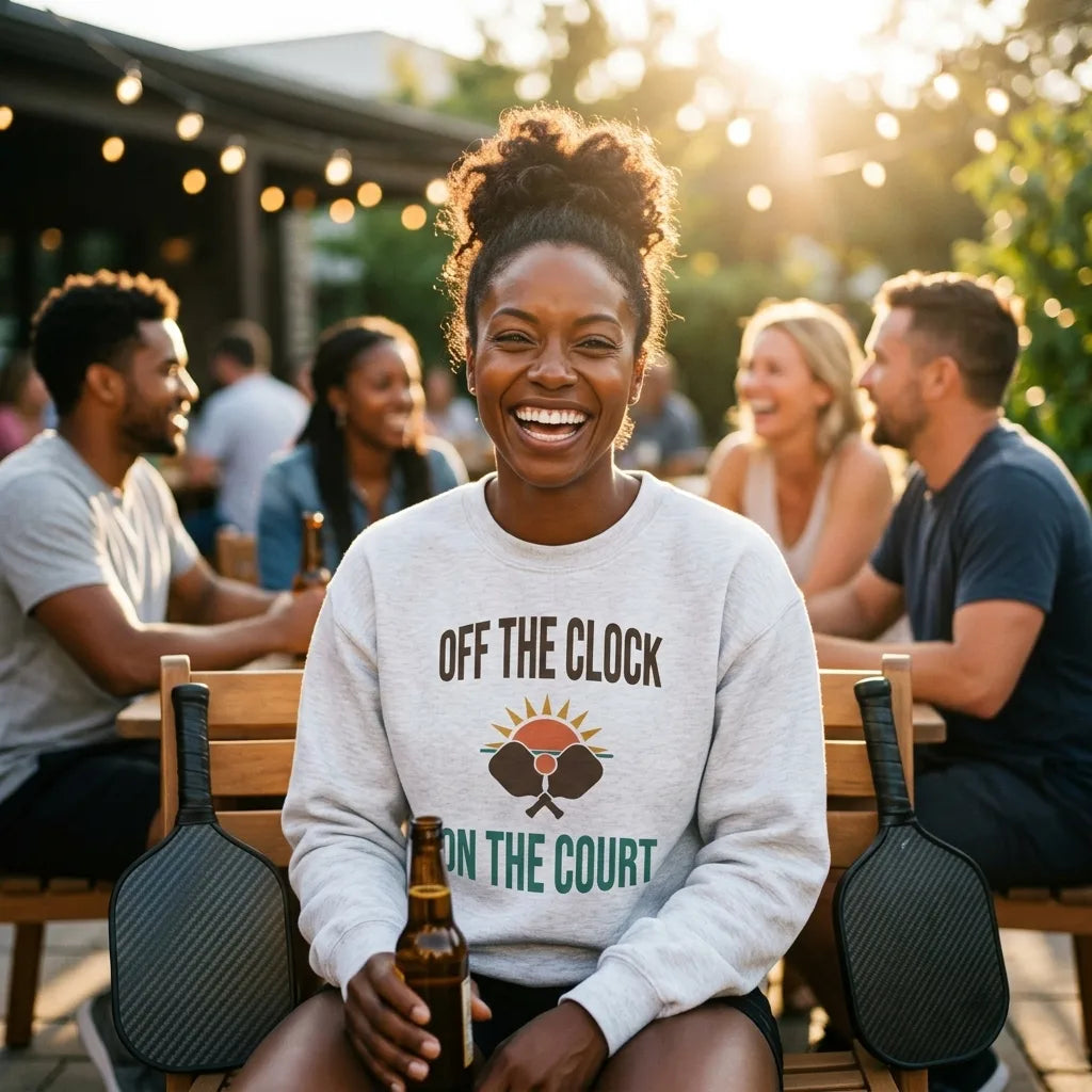 pickleball player at post-game patio wearing Off The Clock On The Court retro pickleball crewneck sweatshirt — White