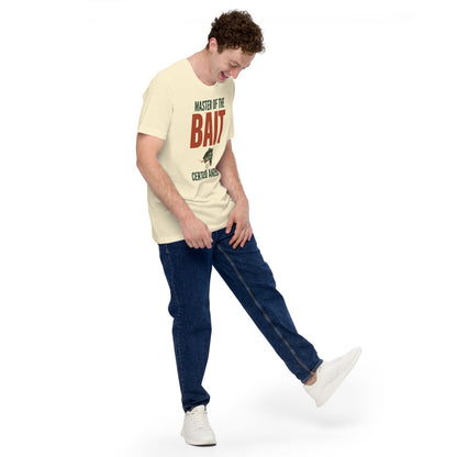 Master of the Bait retro fishing humor typography tee — Natural, on model