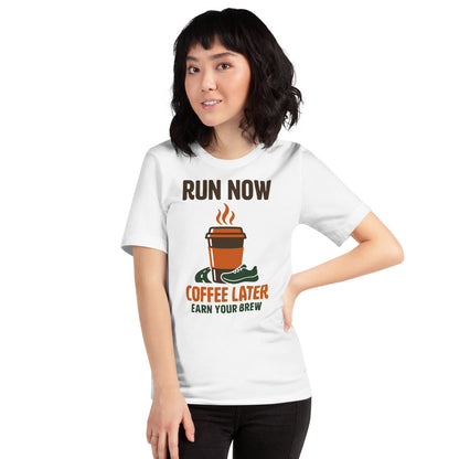 Run Now Coffee Later funny running tee — White, on model