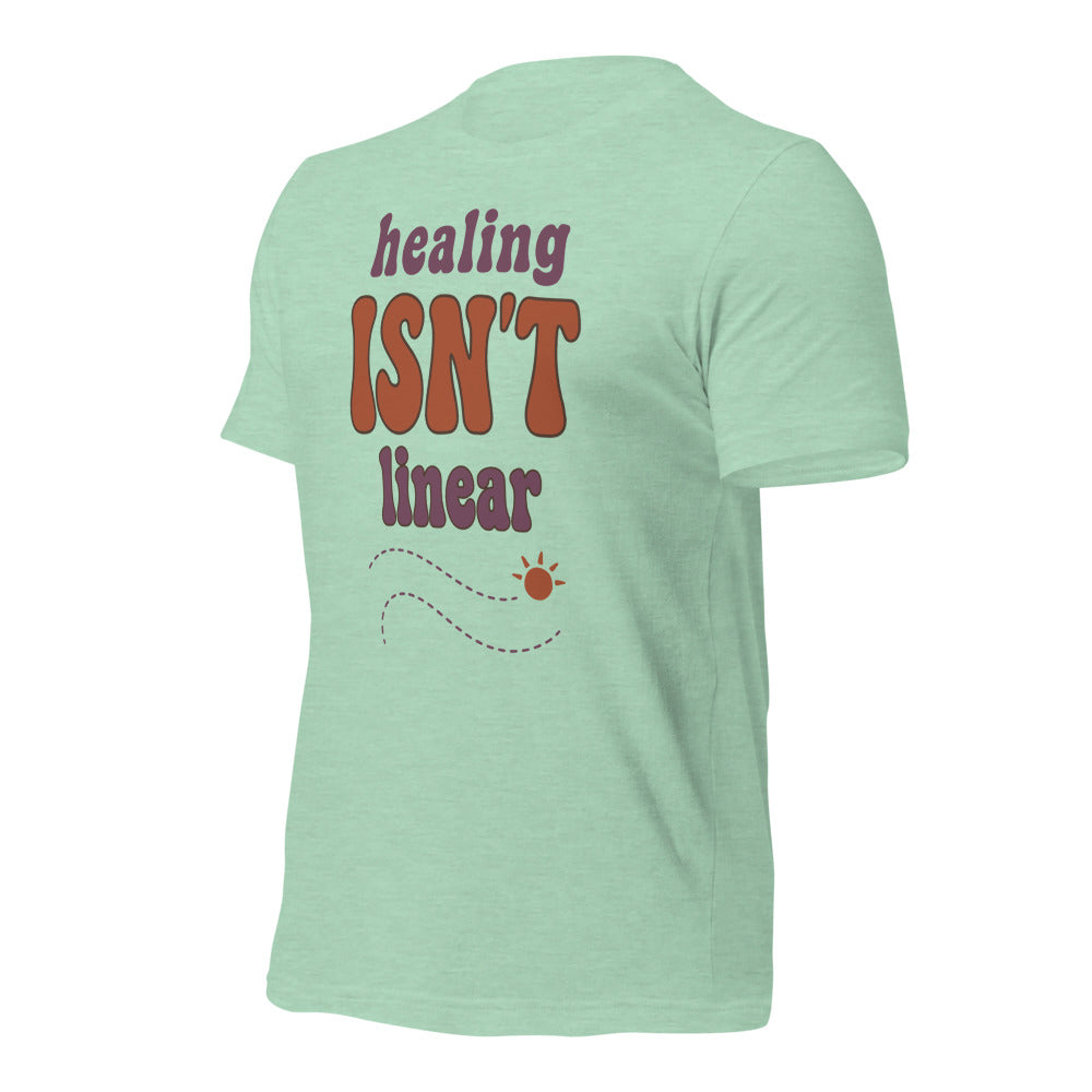 Healing Isn't Linear soft retro mental health tee — Heather Prism Mint, front right