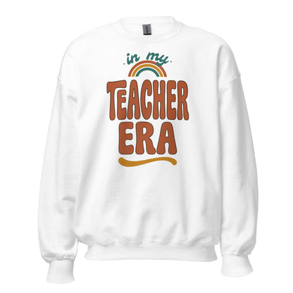 In My Teacher Era retro groovy teacher crewneck sweatshirt — White, front