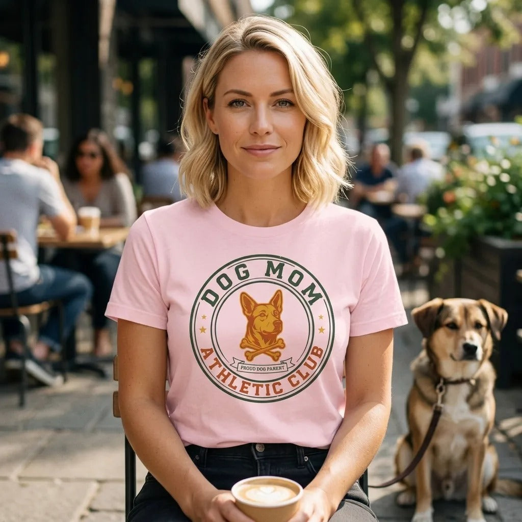 Dog Mom Athletic Club vintage varsity crest tee — lifestyle