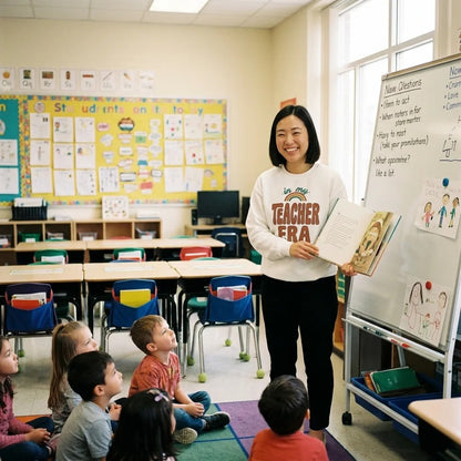 In My Teacher Era retro groovy teacher crewneck — teacher reading a picture book to young students in her classroom, wearing the White crewneck (Carolina Blue block)