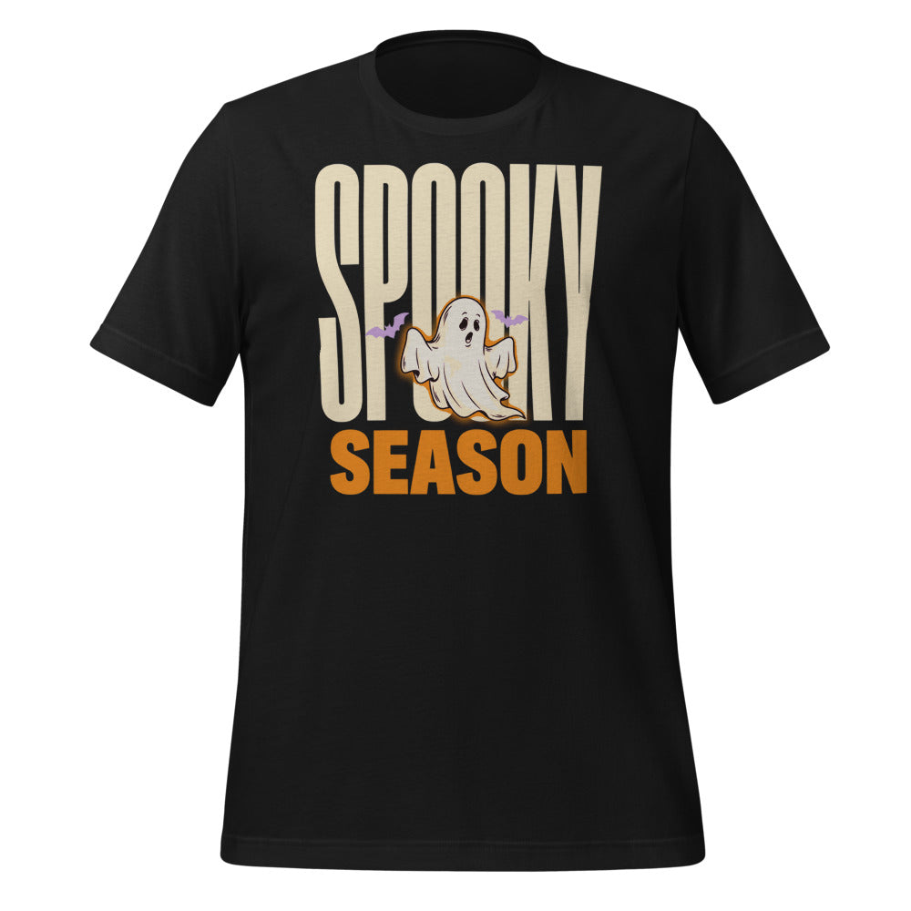 Spooky Season retro Halloween ghost typography tee — Vintage Black, front