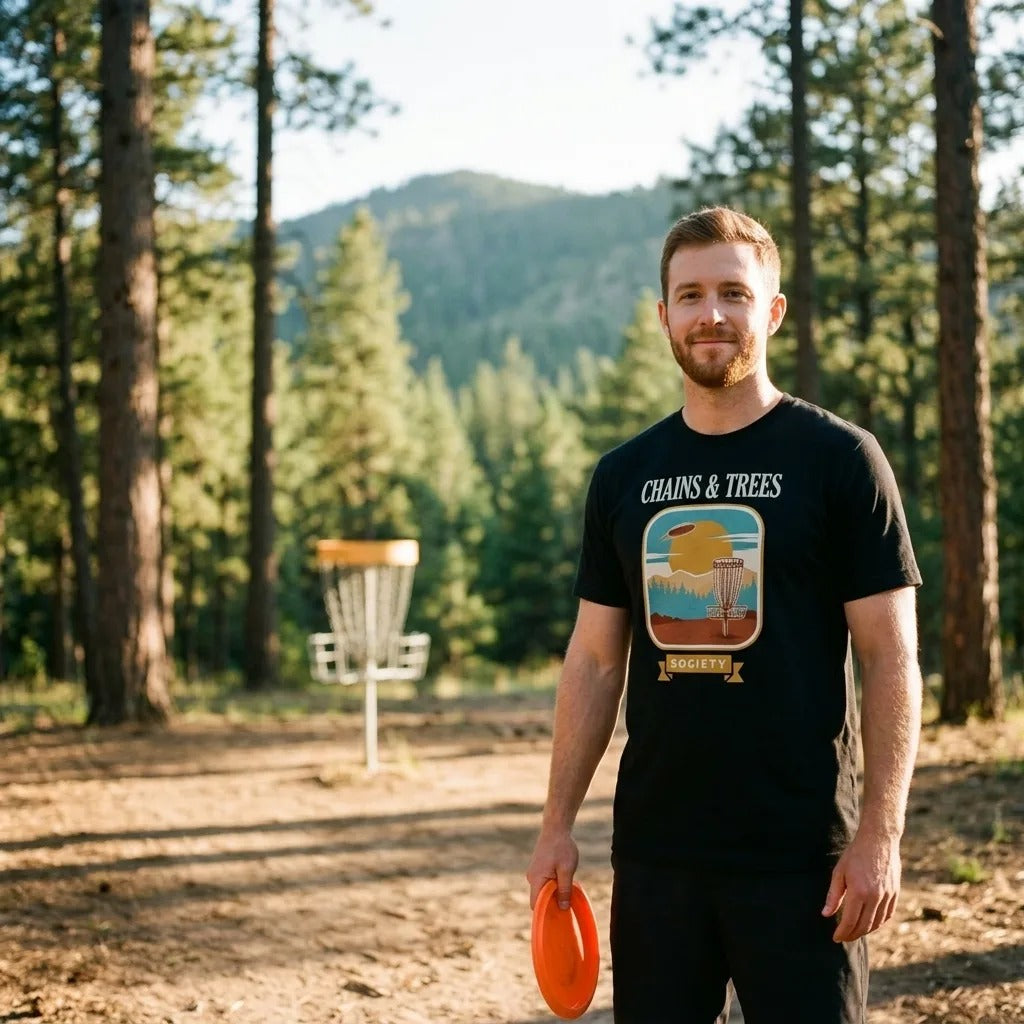 Chains & Trees Society disc golf retro landscape tee — man on a pine-lined disc golf fairway, Black