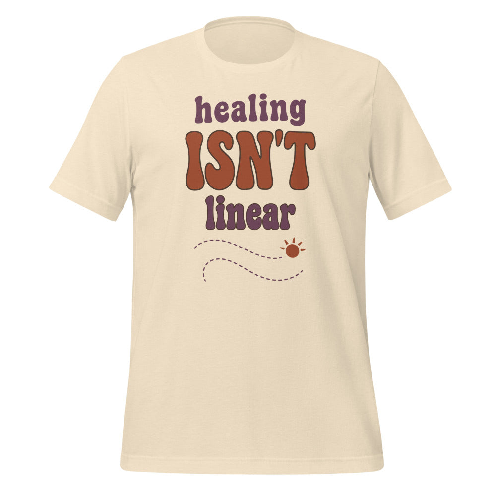 Healing Isn't Linear soft retro mental health tee — Heather Natural, front