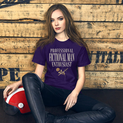 Professional Fictional Man Enthusiast book lover dark academia tee — Team Purple, on model