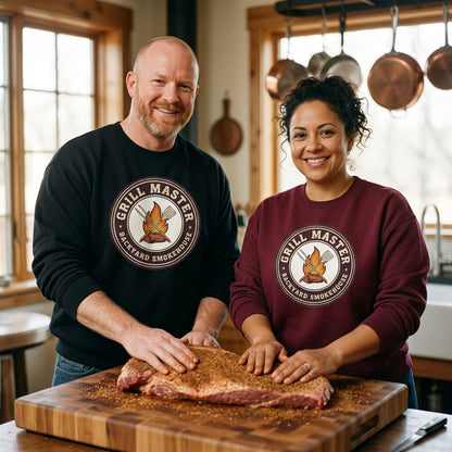 Grill Master retro backyard smokehouse crewneck sweatshirt — lifestyle