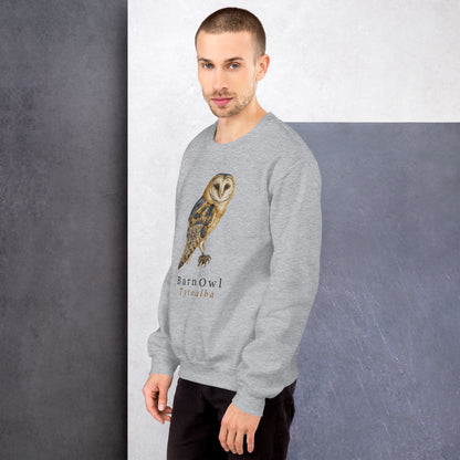 Barn Owl vintage field-guide crewneck sweatshirt — Sport Grey, on model