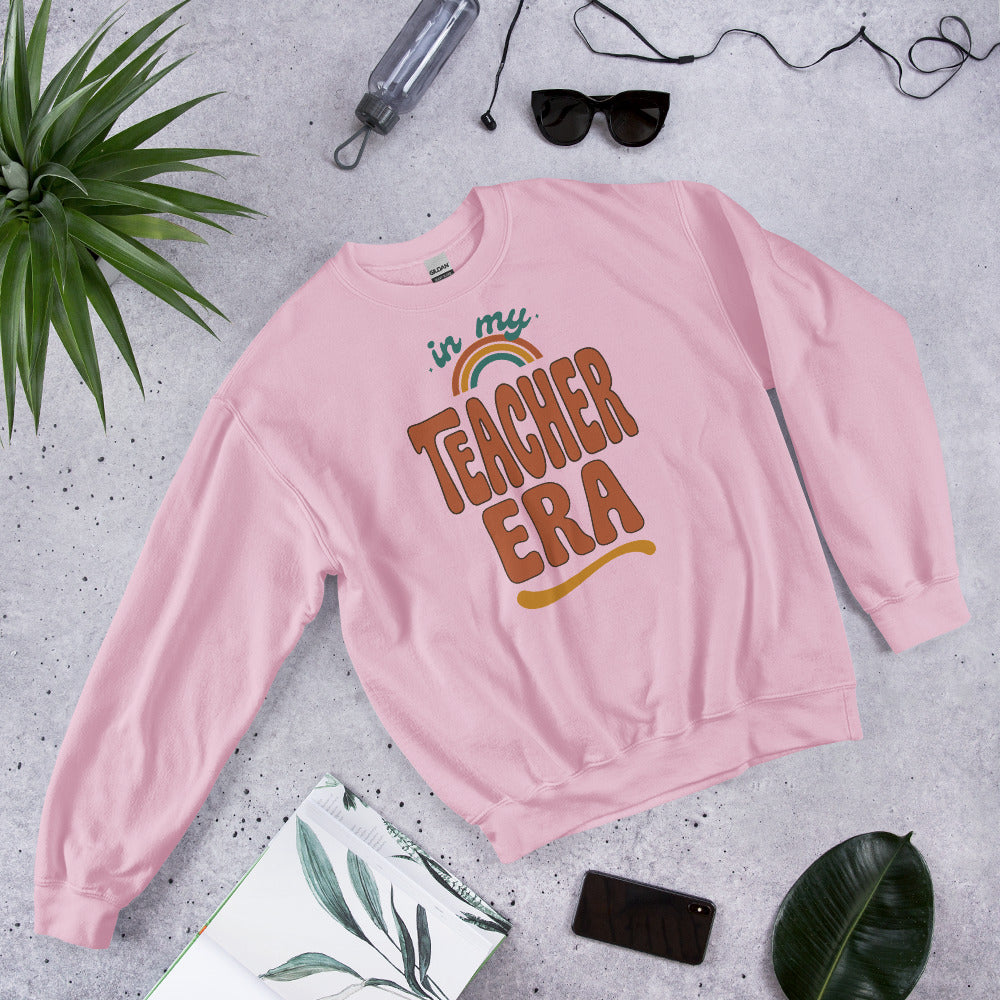 In My Teacher Era retro groovy teacher crewneck sweatshirt — Light Pink, front flat lay