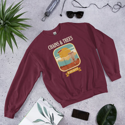 Chains & Trees Society disc golf retro landscape crewneck sweatshirt — Maroon, front-right
