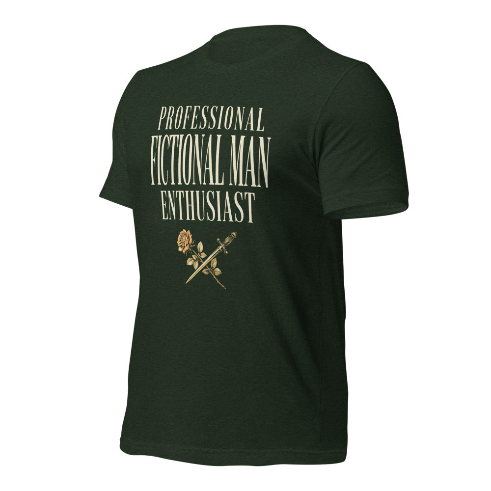 Professional Fictional Man Enthusiast book lover dark academia tee — Heather Emerald, front-right