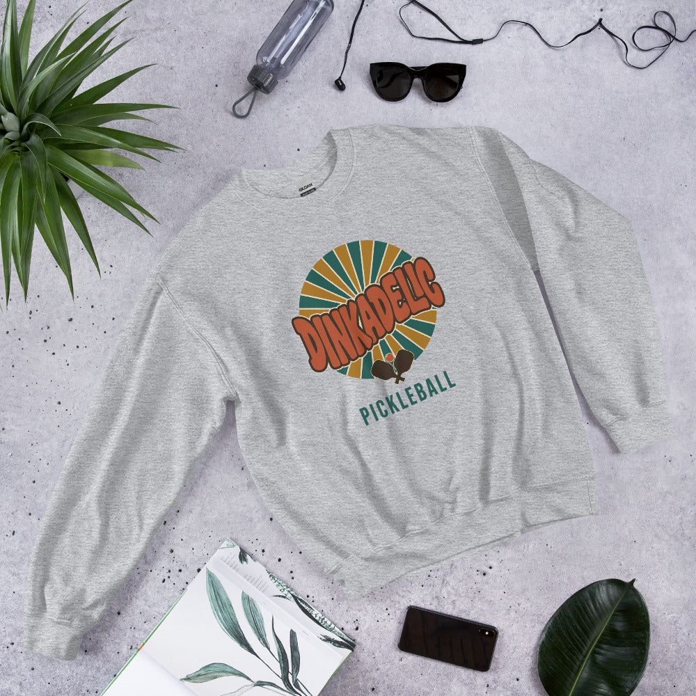 Sport Grey Dinkadelic retro 70s pickleball crewneck sweatshirt ghost front right