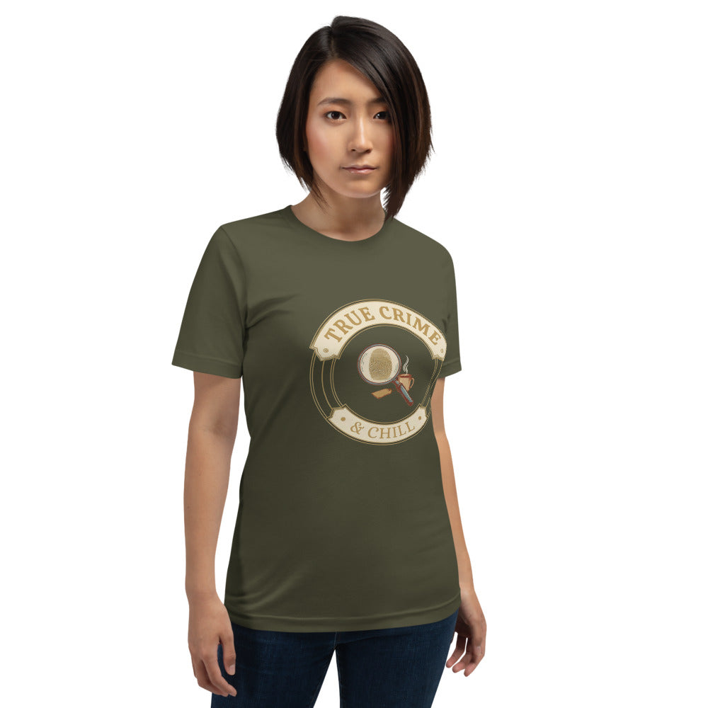 True Crime and Chill vintage case-file badge tee — Military Green, on model