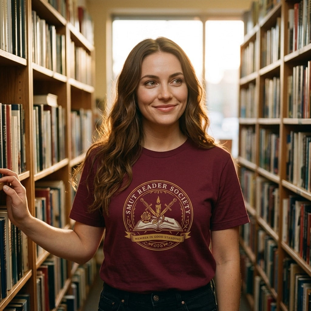Smut Reader Society book lover tee, woman browsing a bookstore wearing maroon — Brown block
