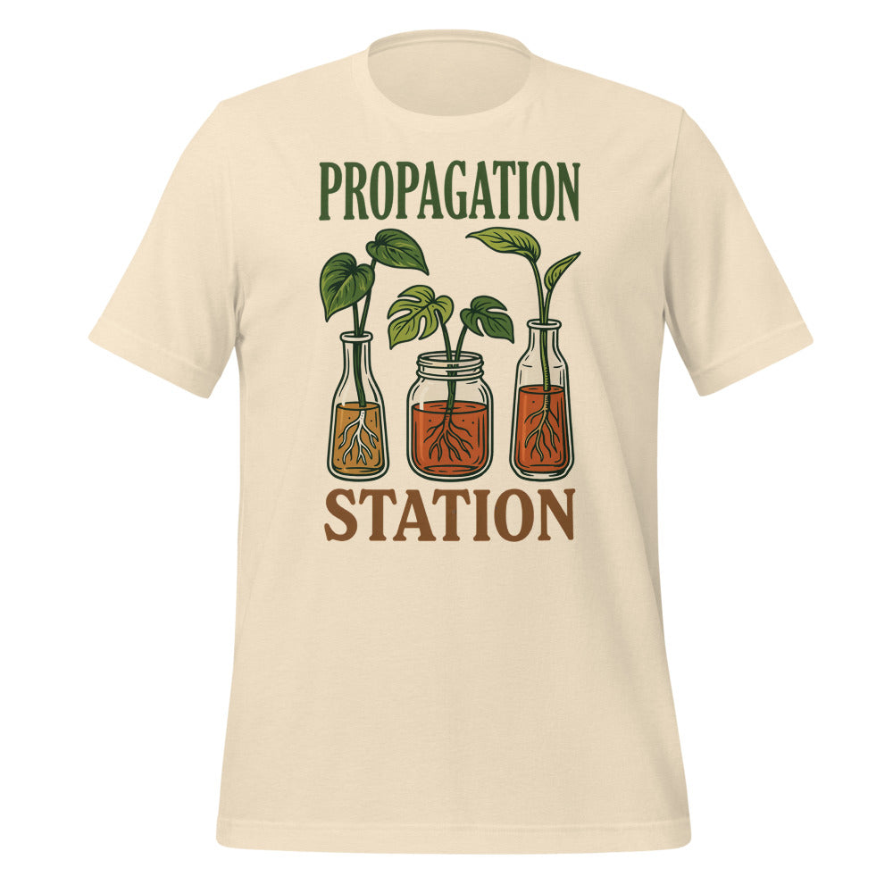 Propagation Station retro botanical plant lover tee — Heather Natural, front
