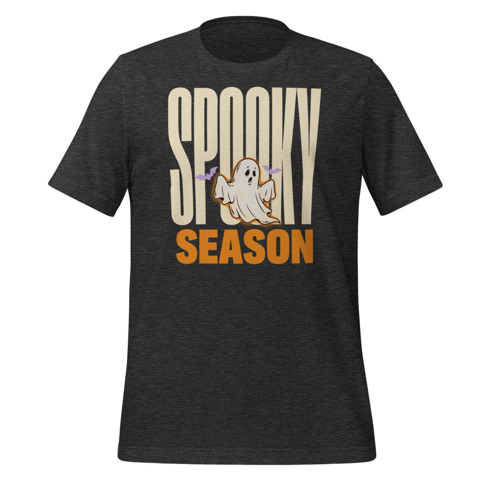 Spooky Season retro Halloween ghost typography tee — Dark Grey Heather, front