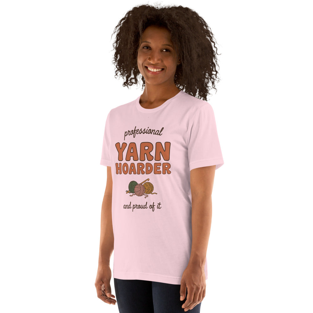 Model wearing the Professional Yarn Hoarder crochet tee — Soft Pink