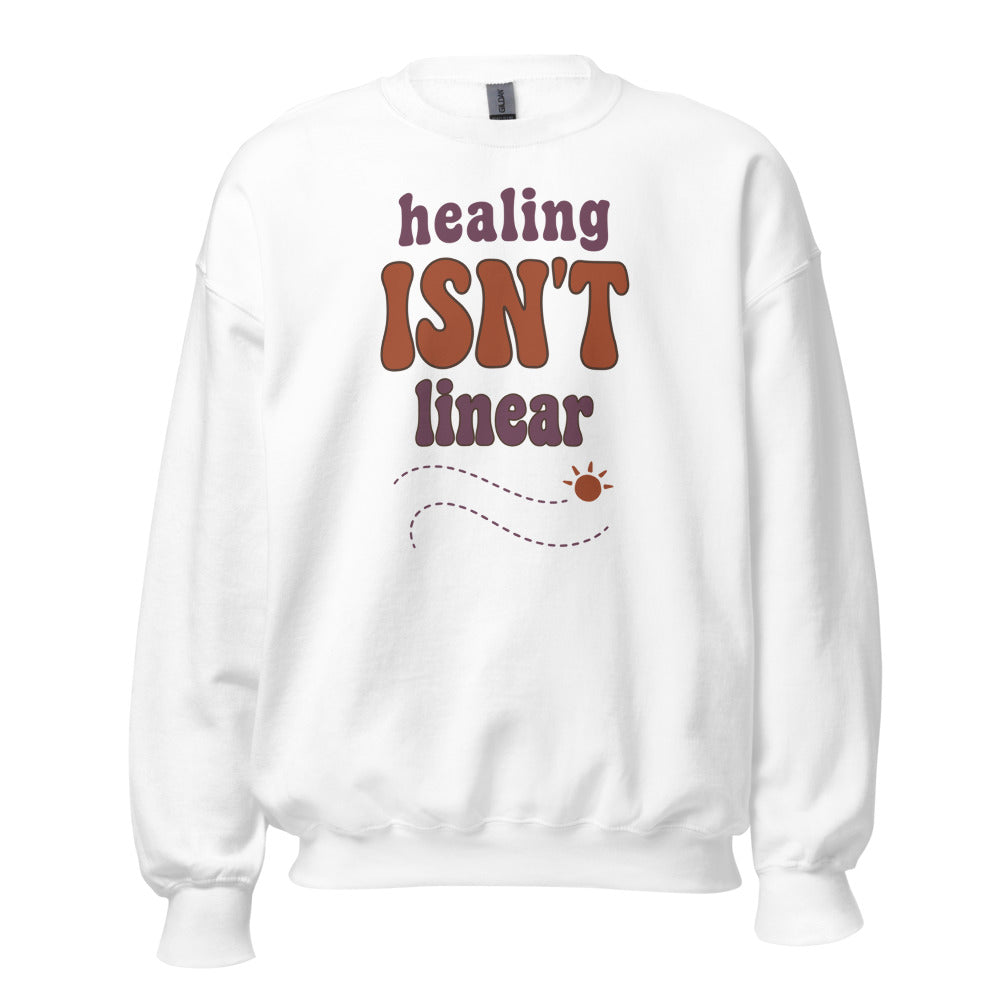 Healing Isn't Linear soft retro mental health crewneck sweatshirt — White, front
