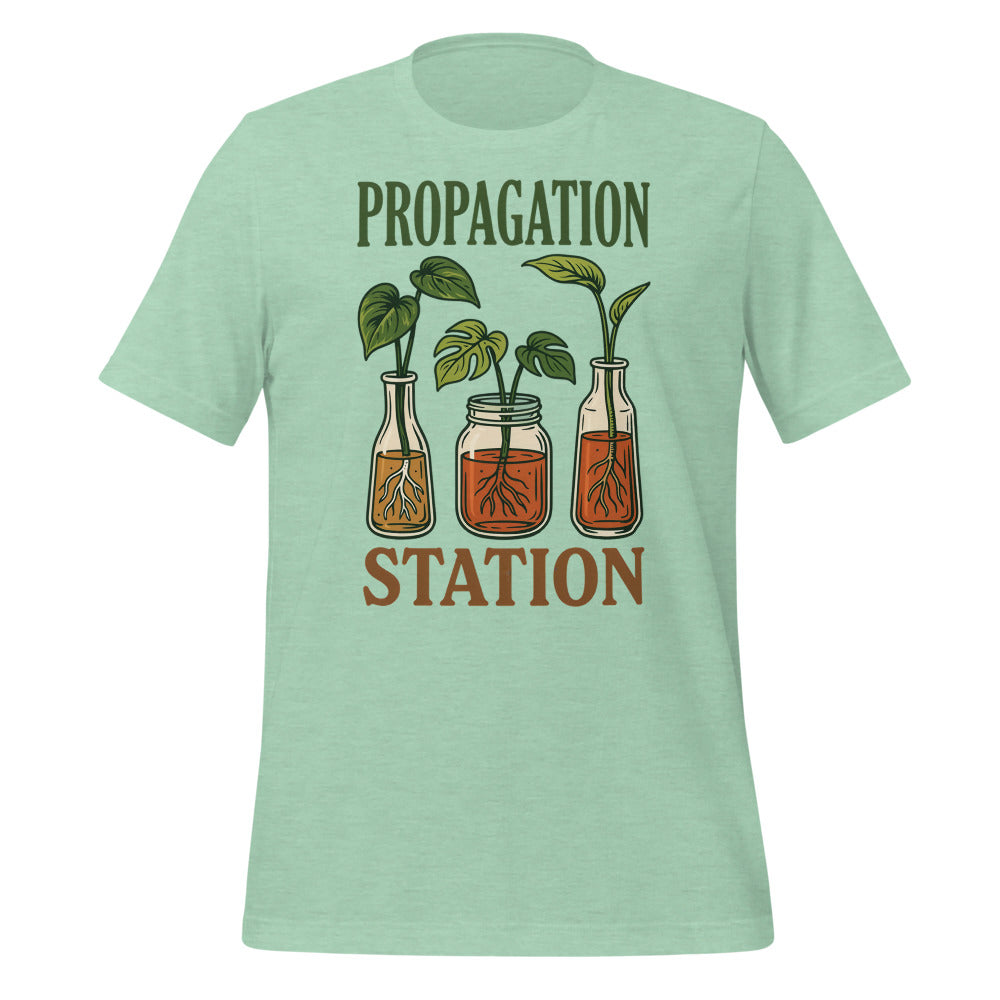 Propagation Station retro botanical plant lover tee — Heather Prism Mint, front