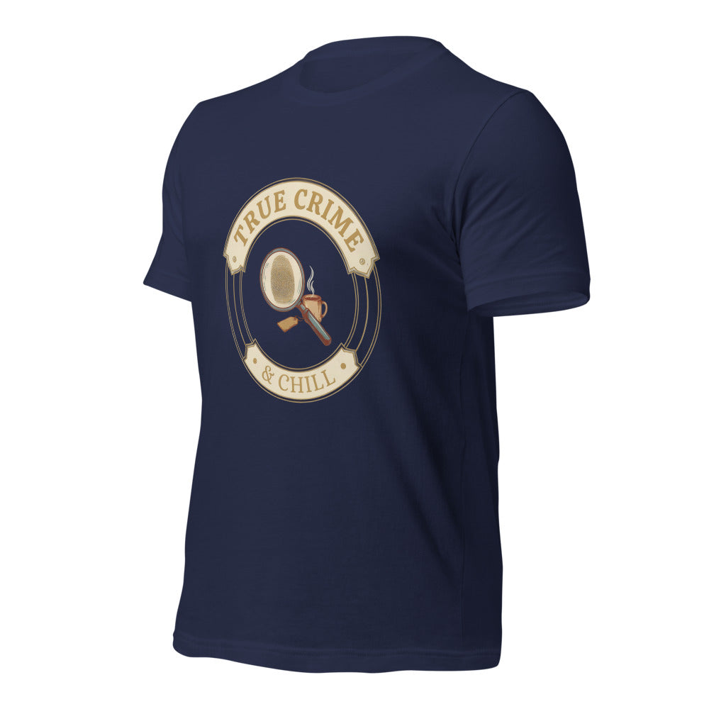True Crime and Chill vintage case-file badge tee — Navy, front-right