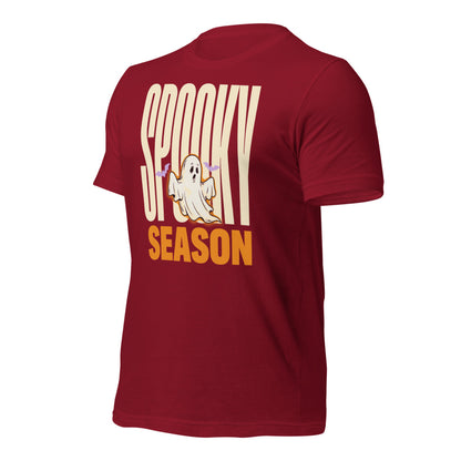 Spooky Season retro Halloween ghost typography tee — Cardinal, front-right
