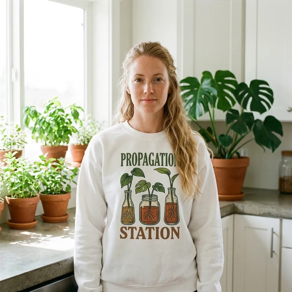 Propagation Station plant lover crewneck — woman wearing White in a plant-filled kitchen