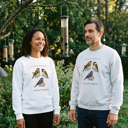 Backyard Songbirds vintage field-guide crewneck sweatshirt — lifestyle