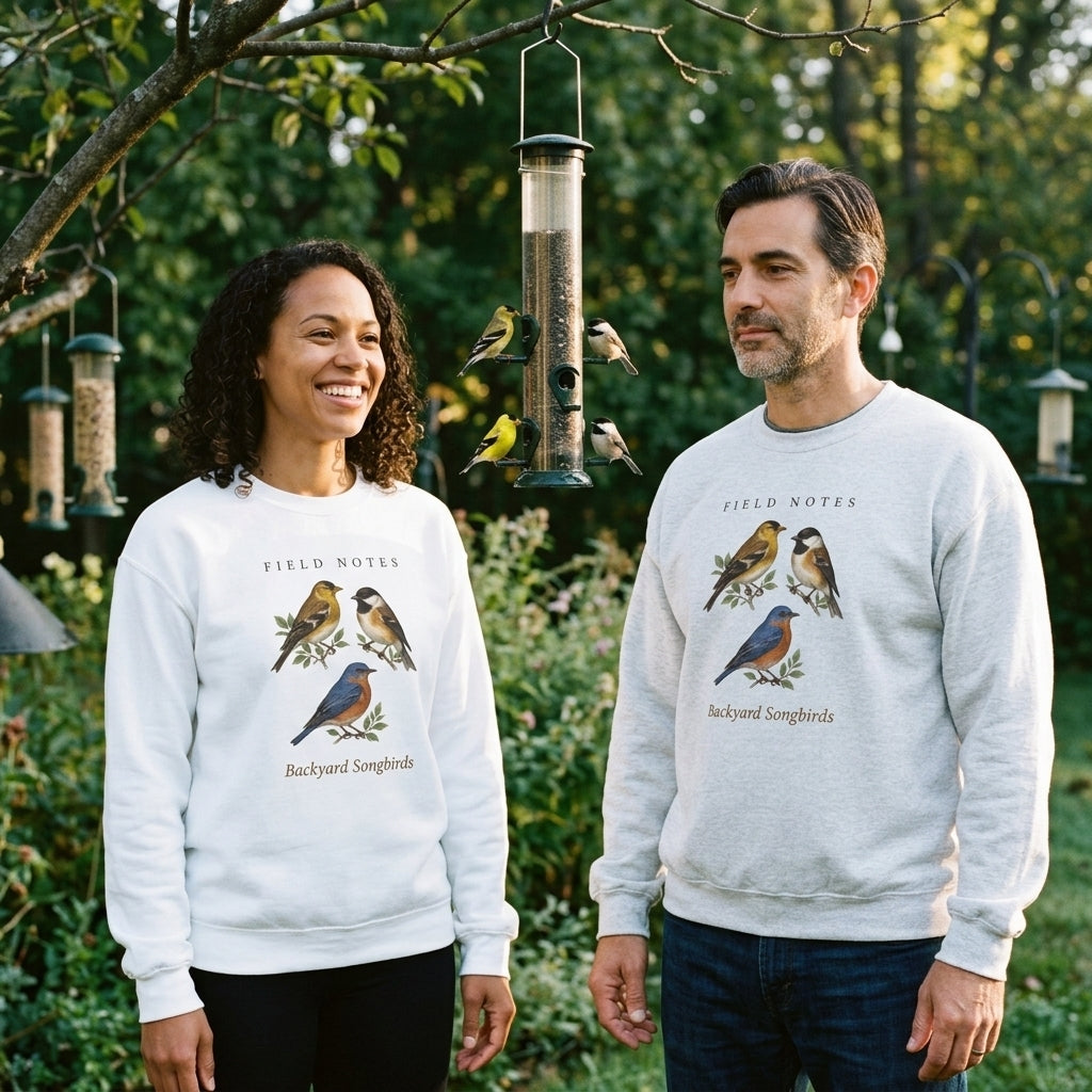 Backyard Songbirds vintage field-guide crewneck sweatshirt — lifestyle
