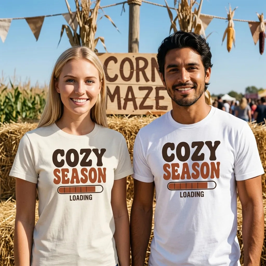 Cozy Season Loading retro 70s fall t-shirt — lifestyle