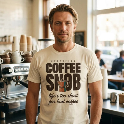 Certified Coffee Snob coffee tee — lifestyle